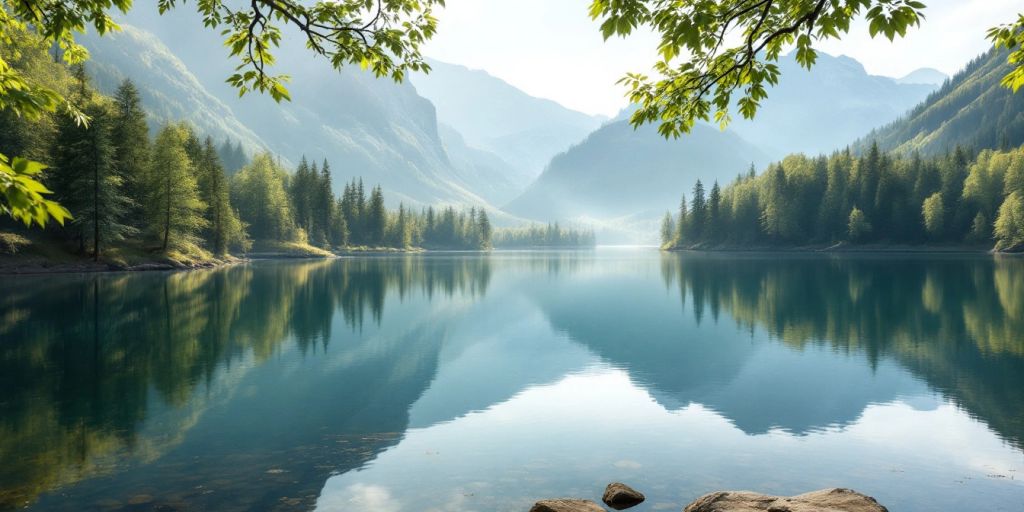 Tranquil lake reflecting trees and mountains in sunlight.