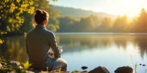 Person reflecting by a tranquil lake surrounded by nature.