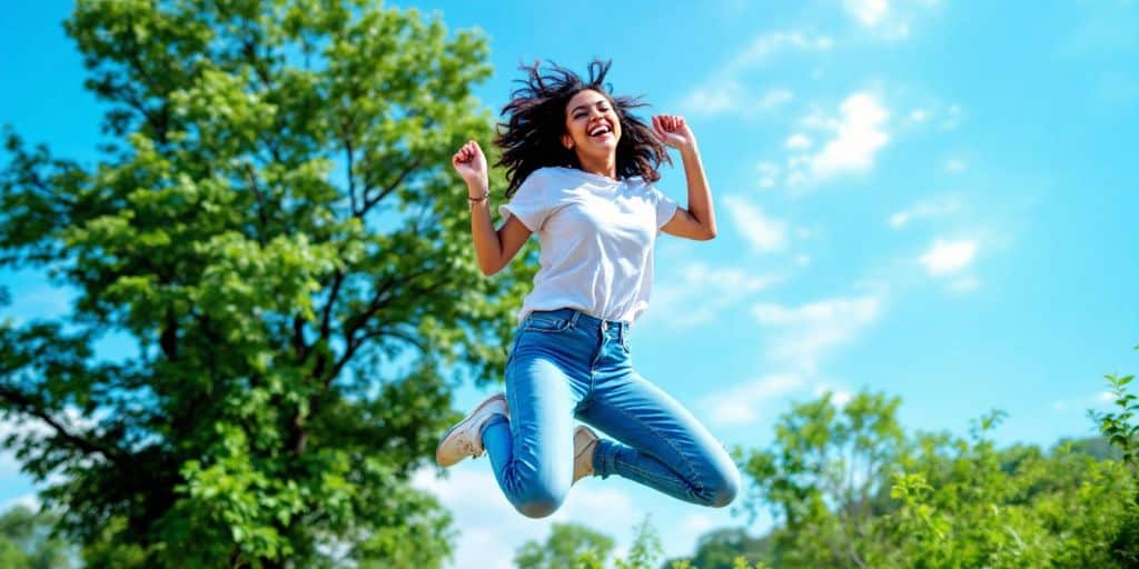 Person jumping joyfully in a sunny outdoor setting.