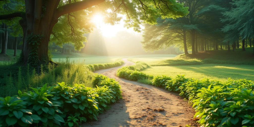 A winding path through a lush green landscape.