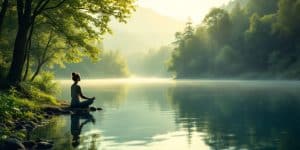 Person meditating by a tranquil lake in nature.