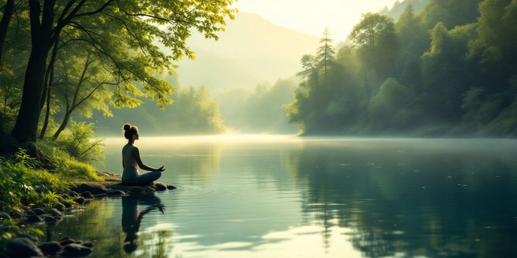 Person meditating by a tranquil lake in nature.