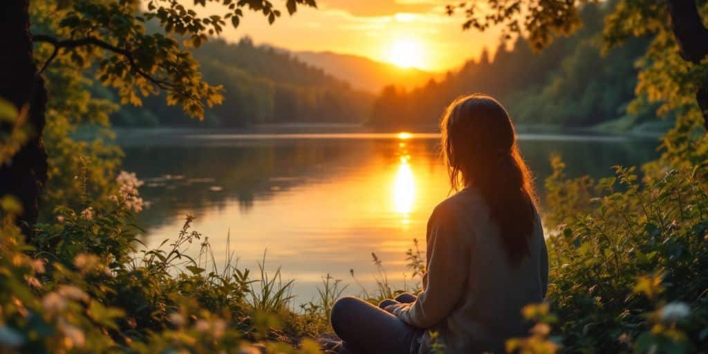 Person reflecting by a tranquil lake during sunset.