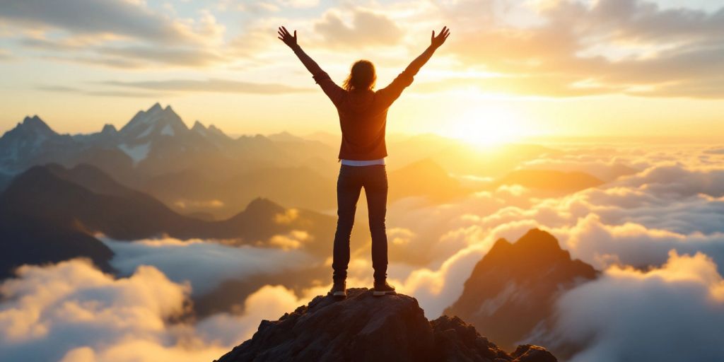 Person celebrating achievement on a mountain peak at sunrise.