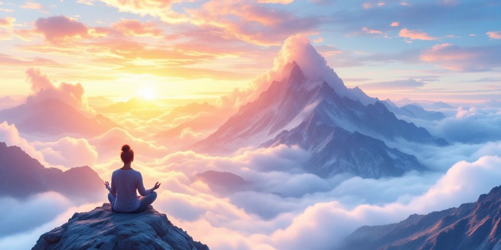 Person meditating on a mountain peak at sunrise.