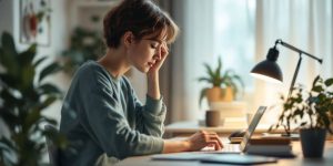 Person at a desk, deeply focused on work.