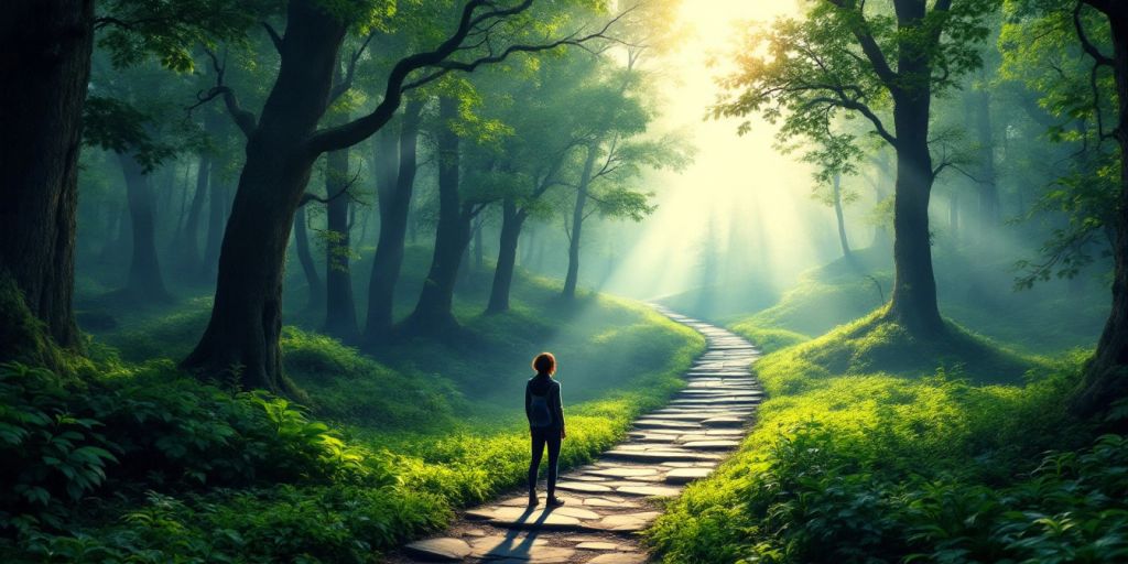 A person on a path in a lush forest.