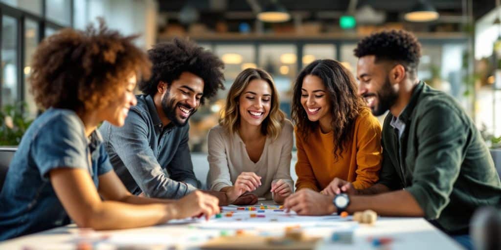 Diverse team collaborating in a bright office setting.