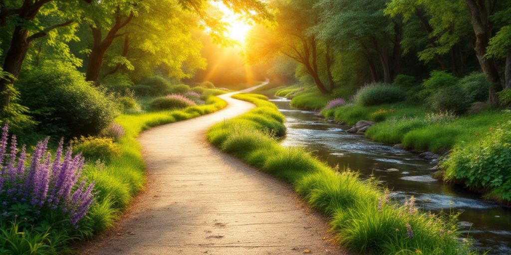 A peaceful landscape with a winding path and river.