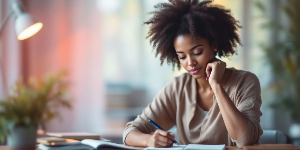 Person reflecting at a desk with notebook and plant.