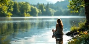 Person reflecting by a calm lake surrounded by nature.