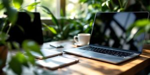 A calm workspace with a laptop and coffee.