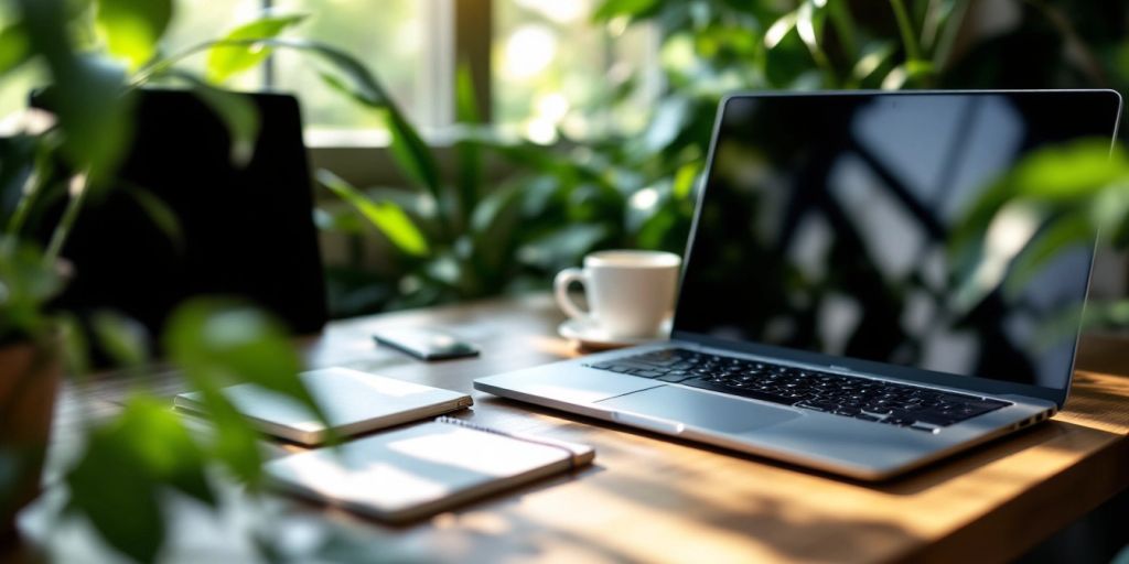 A calm workspace with a laptop and coffee.