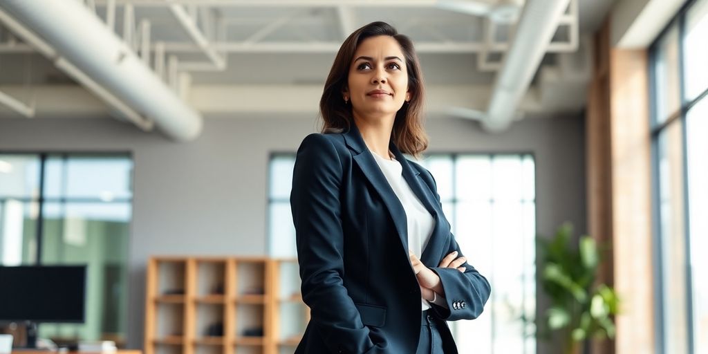 Confident woman in office, representing career independence.