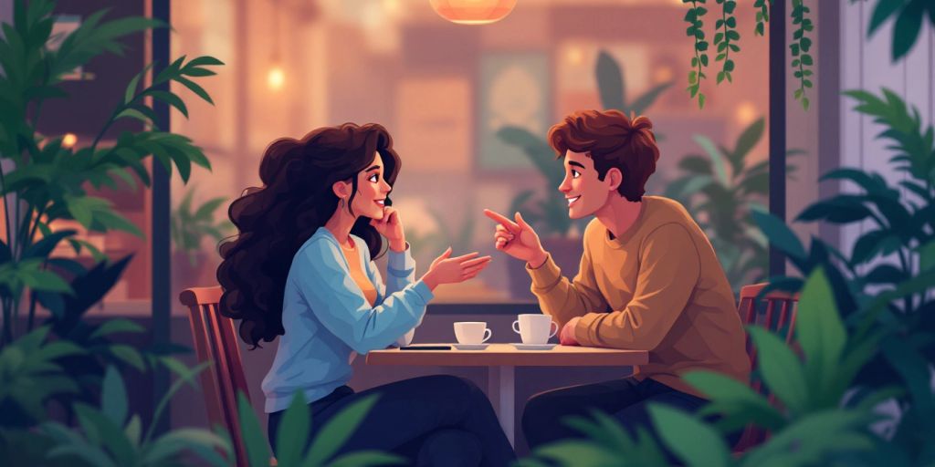 Two people talking in a cozy cafe setting.