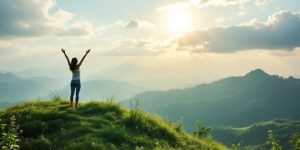 A person with arms raised on a hilltop in nature.