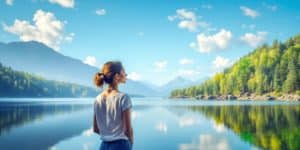 Person contemplating by a tranquil lake in nature.