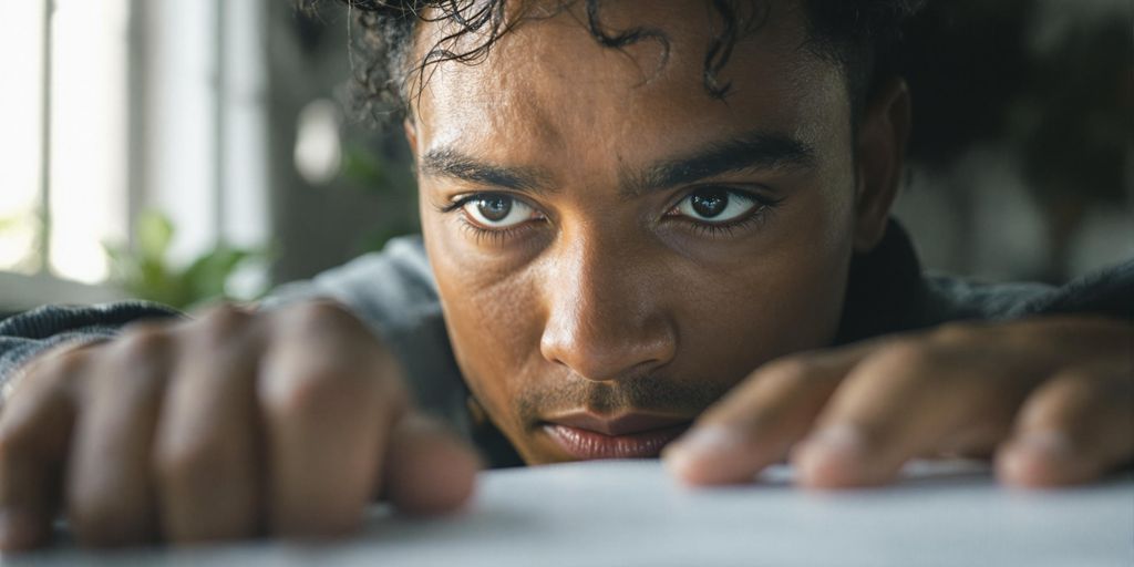 Person concentrating in a calm, minimal workspace environment.