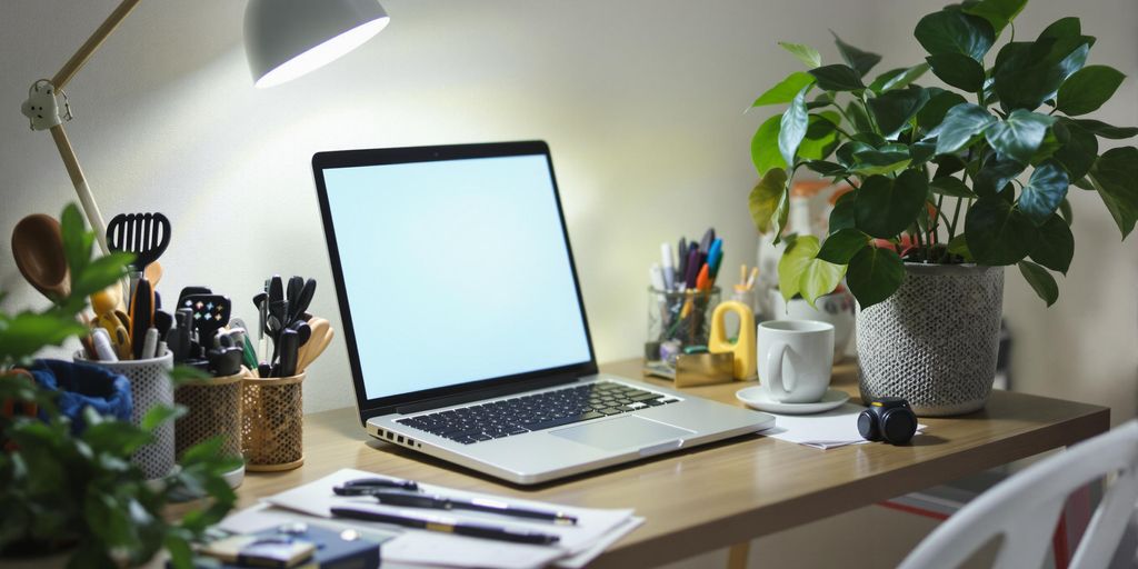 A serene workspace with a laptop and plant.