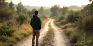 Person at a crossroads, contemplating life choices in nature.