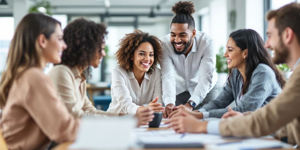 Diverse professionals collaborating in a team-building activity.