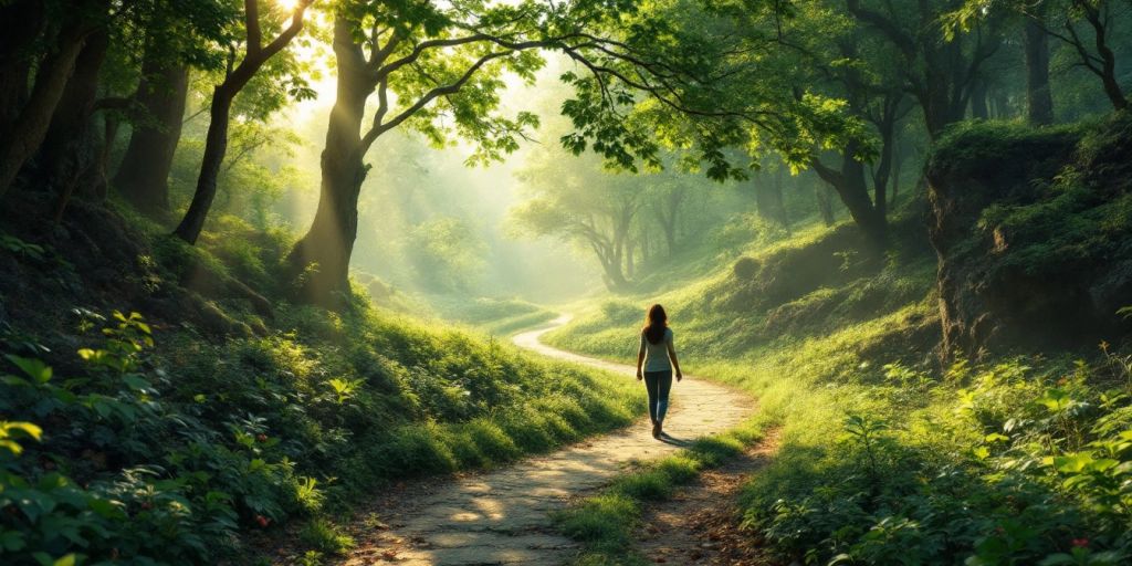 A person walking along a forest path in sunlight.