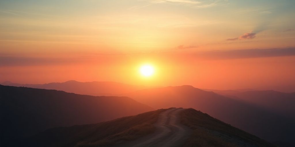 Sunrise over mountains with a winding path leading forward.