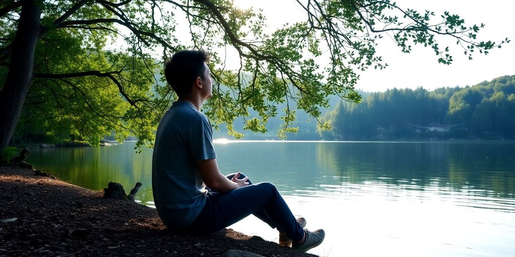 Person reflecting by a calm lakeshore in nature.