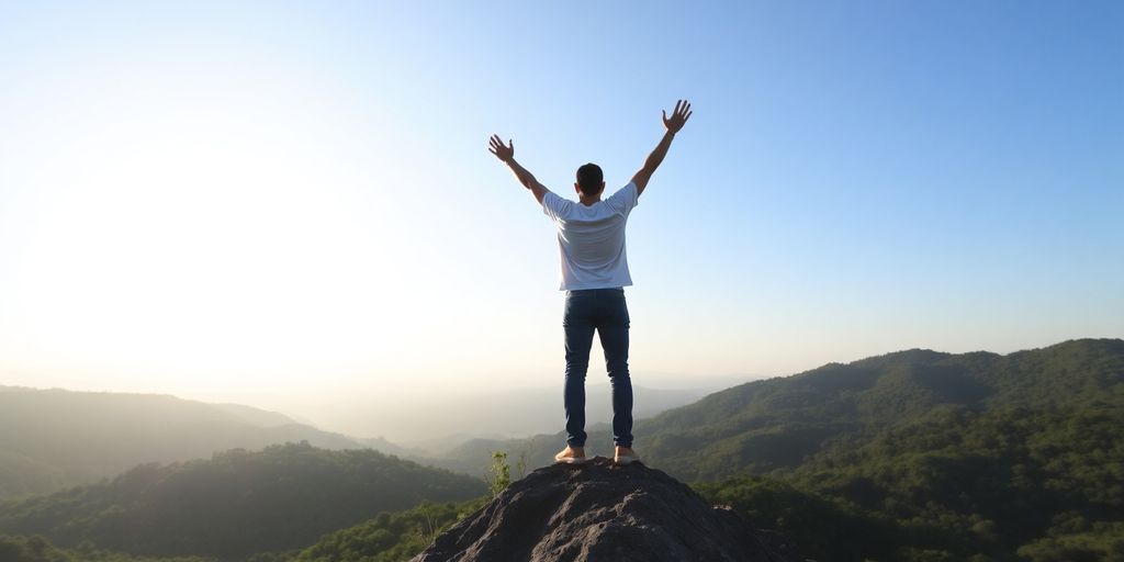 Confident person on a peak celebrating success at sunrise.