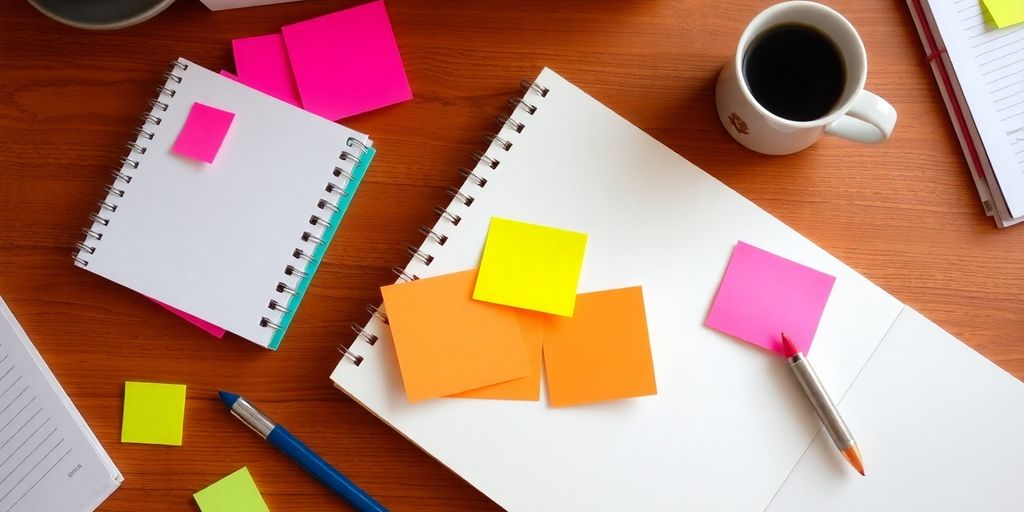 Workspace with planner, sticky notes, and coffee cup.