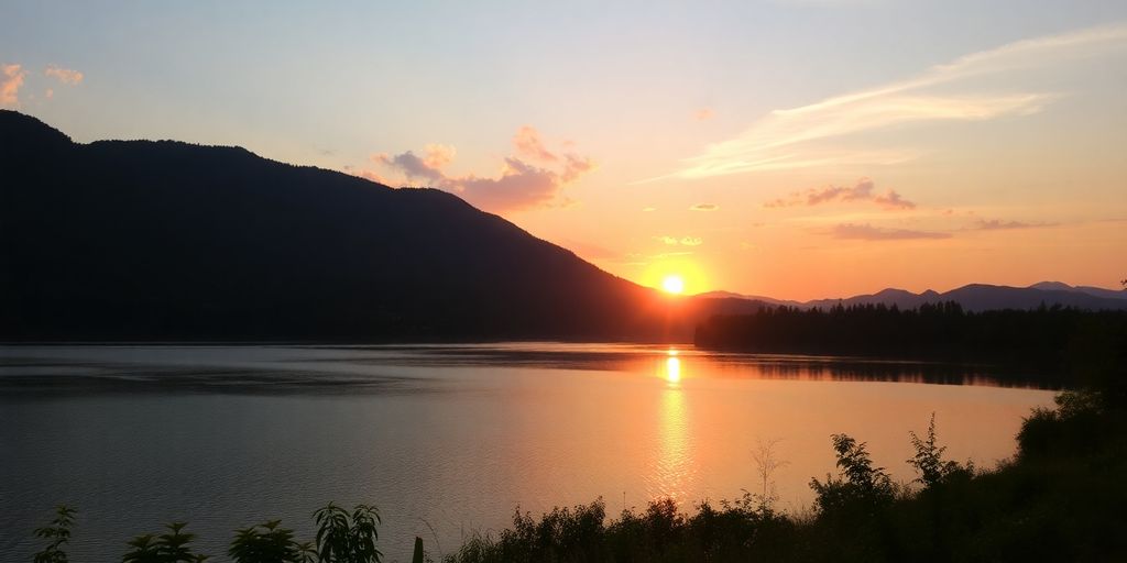 Serene landscape with sunrise over a calm lake.