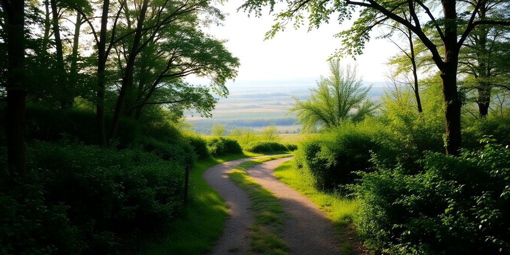 Winding path through greenery under soft sunlight.