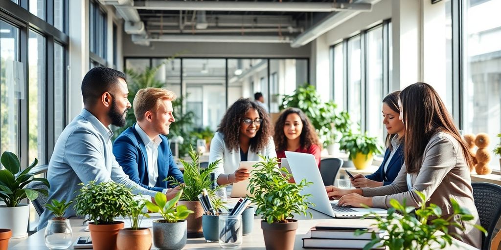 Diverse professionals collaborating in a bright, eco-friendly office.