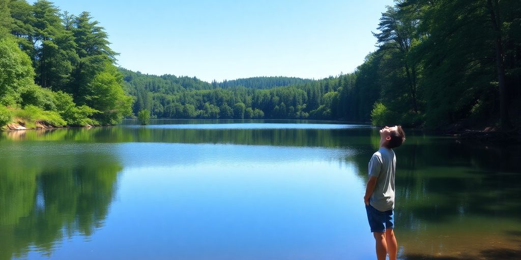 A person by a calm lake in nature.