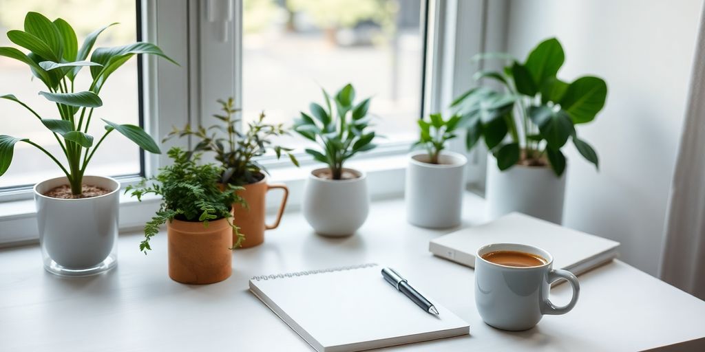 A cozy workspace with plants and a cup of coffee.