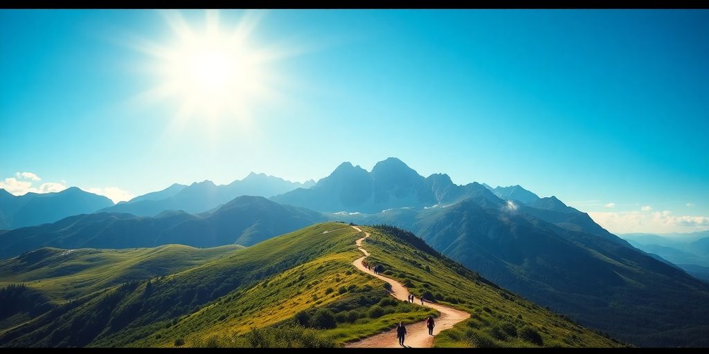 Vibrant landscape with mountains and a winding trail.