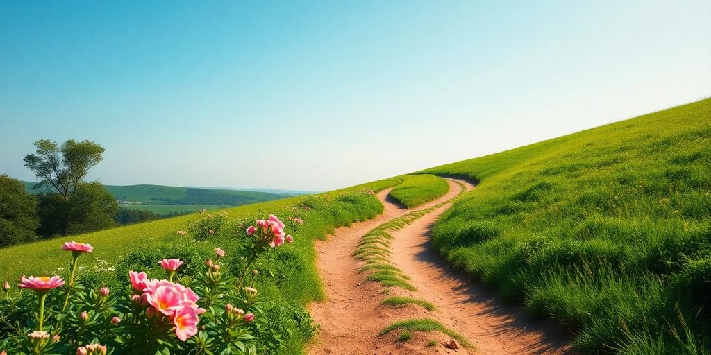 A winding path through a vibrant landscape towards the horizon.