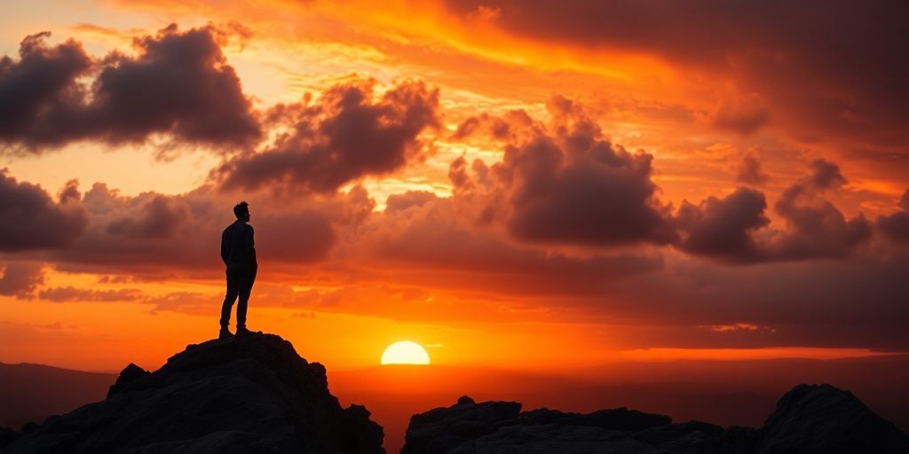 Person on cliff at sunset, facing challenges with resilience.