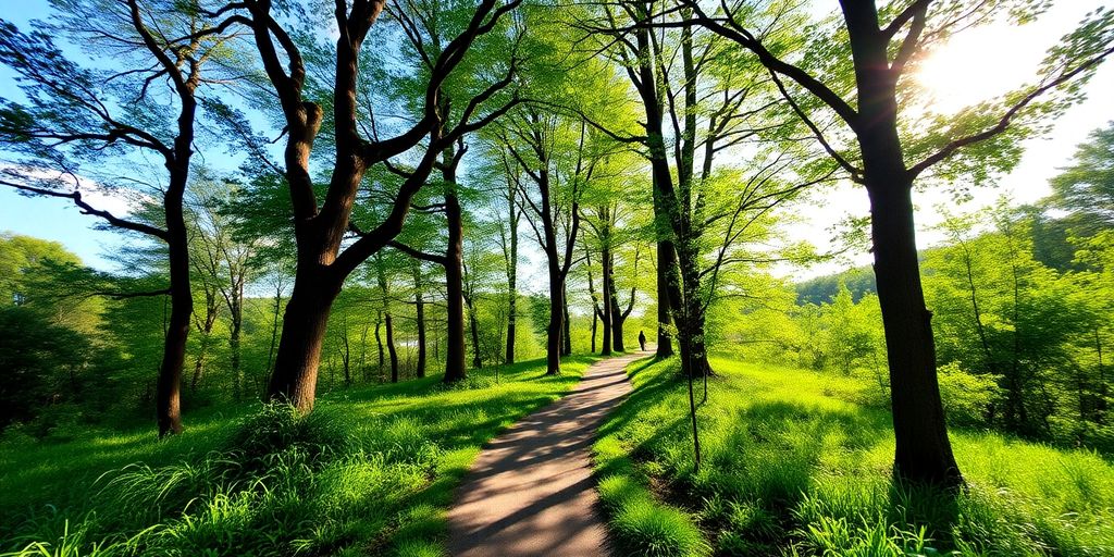 Winding path in a lush forest under blue sky.