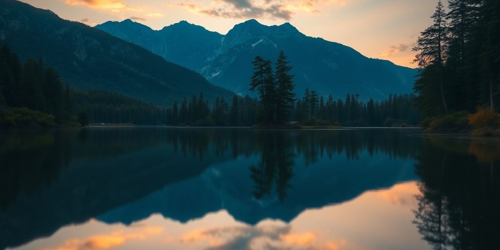 Serene lake reflecting trees and mountains at sunset.