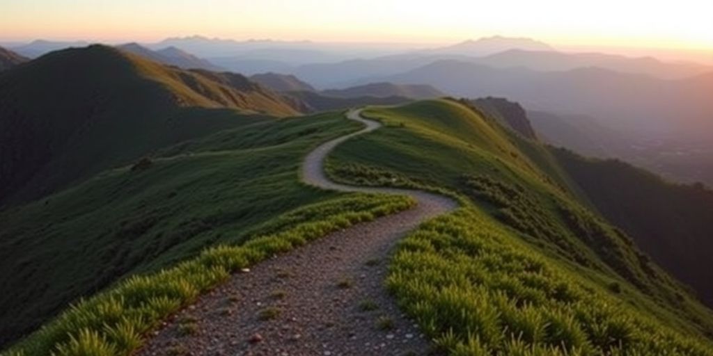 A winding path through greenery leading to distant mountains.