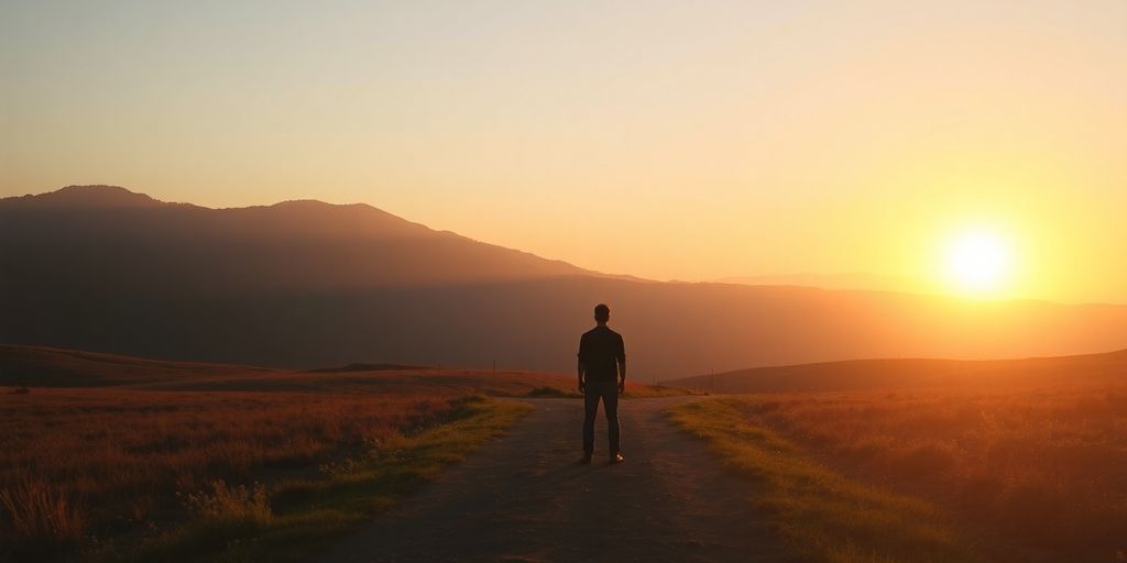 Person at crossroads in a serene sunset landscape.