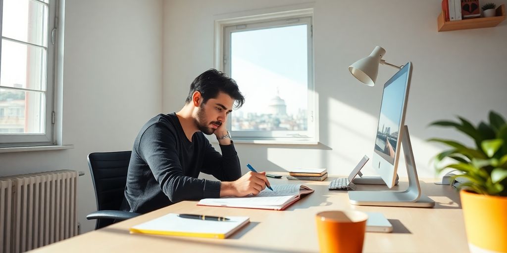 Person concentrating in a focused and tidy workspace.