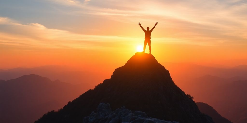 Person celebrating on mountain peak at sunrise.