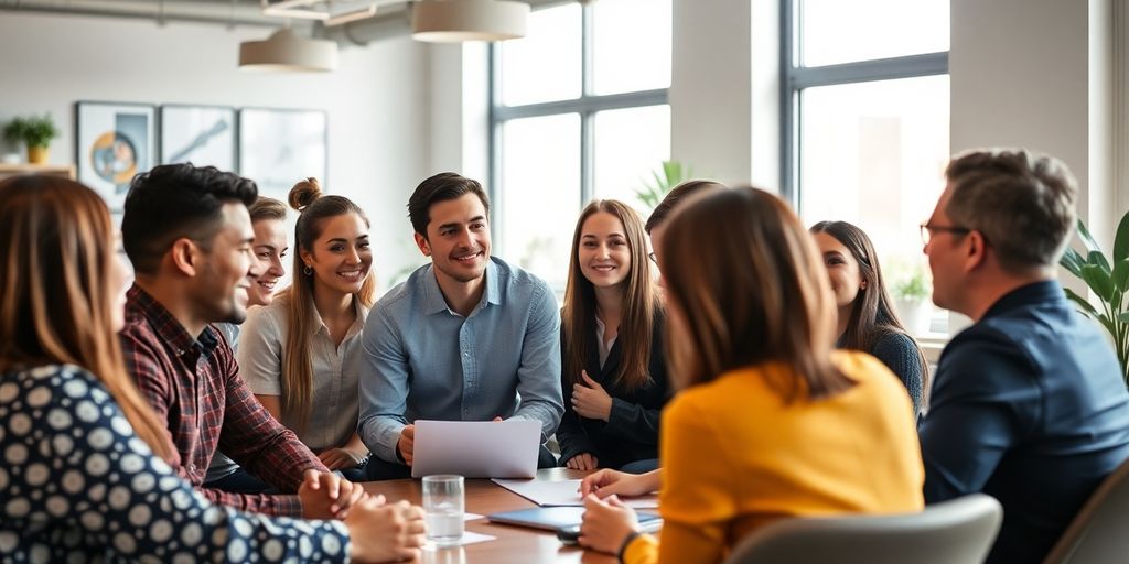 Group brainstorming in a modern office setting.