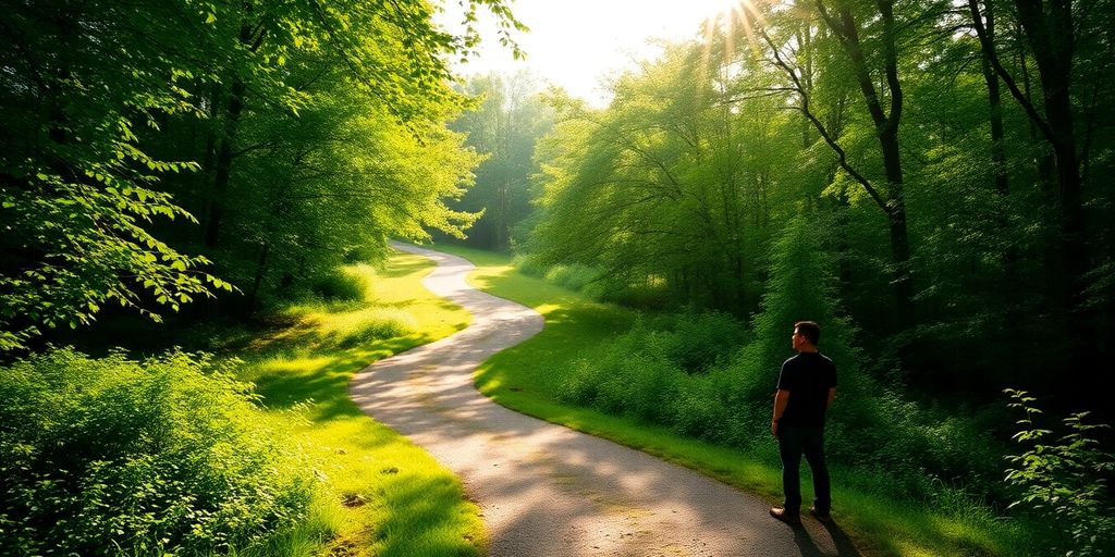 Person on a path in a lush green landscape.