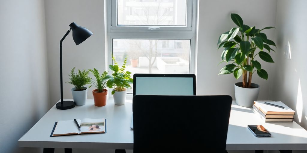 A calm workspace with a laptop and plants.