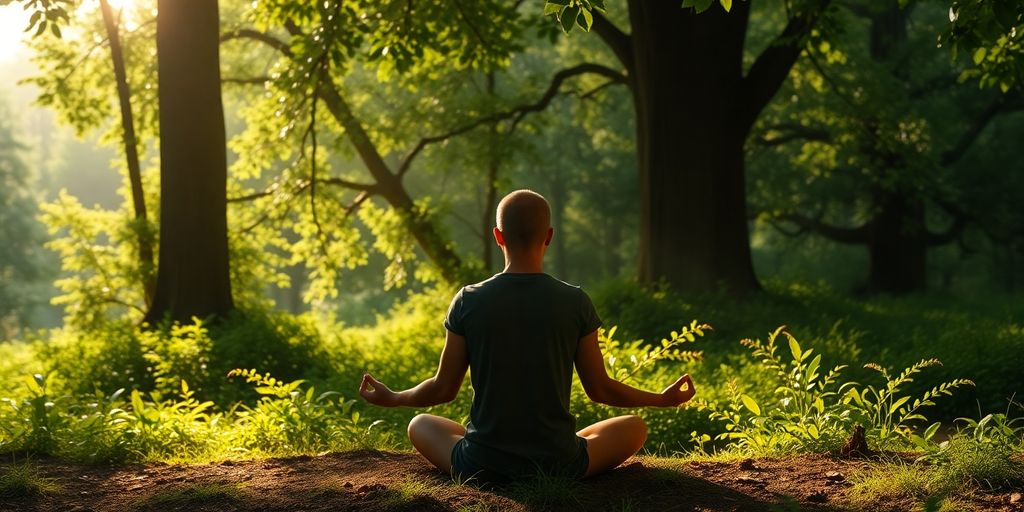 Person meditating in nature surrounded by lush greenery.