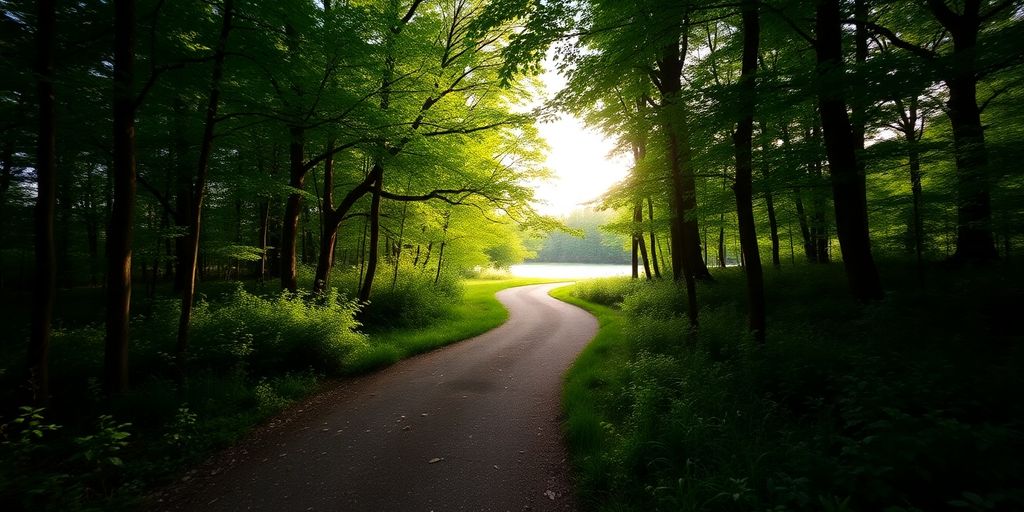 A winding path in a green forest leading to sunlight.