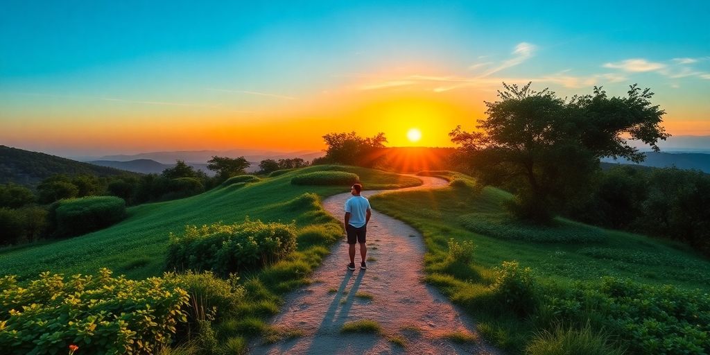 A person at a crossroads in nature.